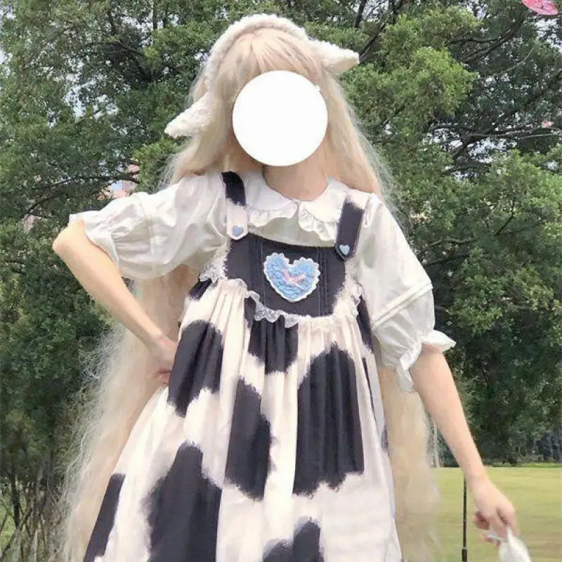 Harajuku Sweet Soft Girl Cow Pattern Lolita Bow Strap Dress Children Student Shirt One Piece Set Blue Black Kawaii Jsk Suit