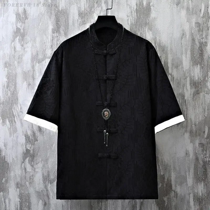 بلوزات رجالية مقاس كبير 6XL بدلة تانغ قميص عتيق بأزرار على الطراز الصيني التقليدي قمصان جاكار غير رسمية فضفاضة نصف كم