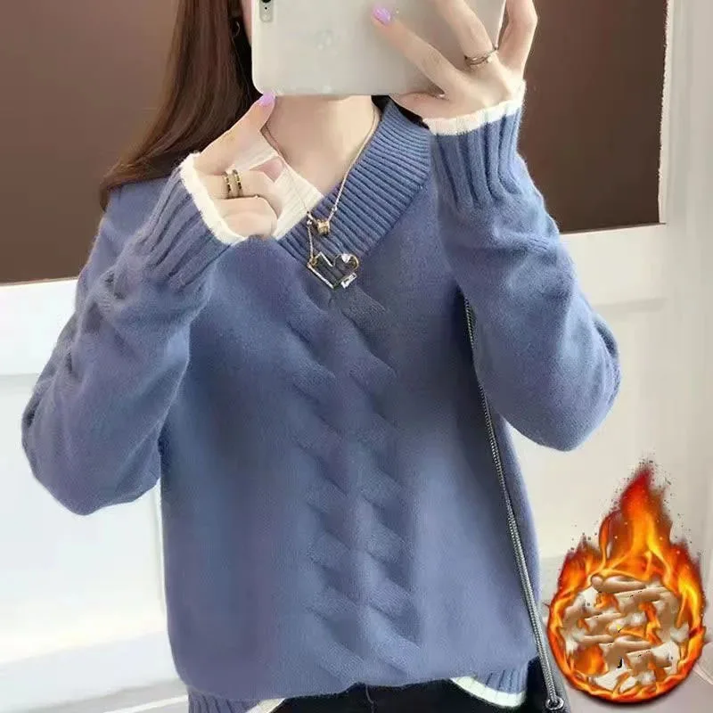 

New Autumn Winter Korean Version Lazy Style Color Blocking V-neck Plush Loose and Versatile Women's Knitted Sweater JJ485