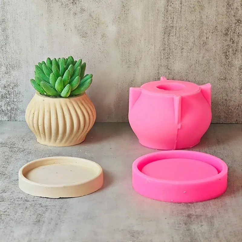 LXAD Striped Pattern Silicone Flower Pots Moulds for DIY Hand-Making Concrete Resin