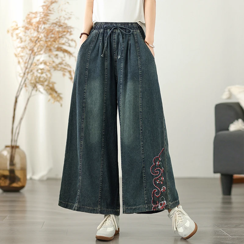 Celana Jeans Denim Wanita Model Kaki Lebar Bordir Musim Panas, Pinggang Elastis, Longgar, Efek Langsing, Vintage, Warna Pudar, Kasual, Panjang Sembilan Perempat