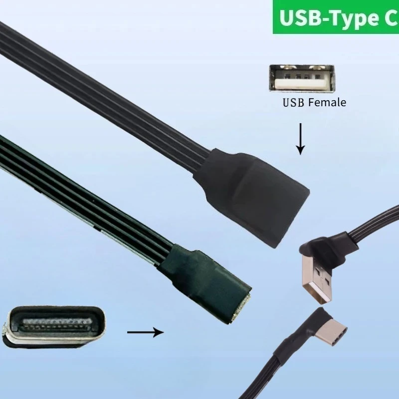 FFC USB-C Type C Male UP Down 90 Angled Side Bending to USB 2.0 Female Data Cable USB Type-C Flat Silicone Cable 0.1m/0.2m/0.5m