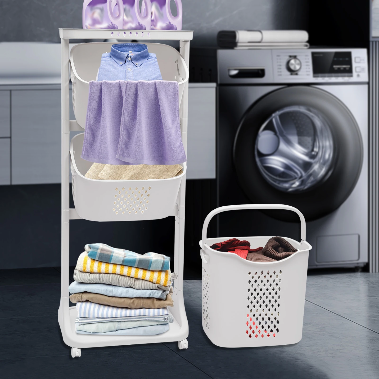 

Laundry Cart Trolley Rolling Washing Clothes Hamper Storage Basket Rack Organizer+Shelf Bathroom 3 Tier