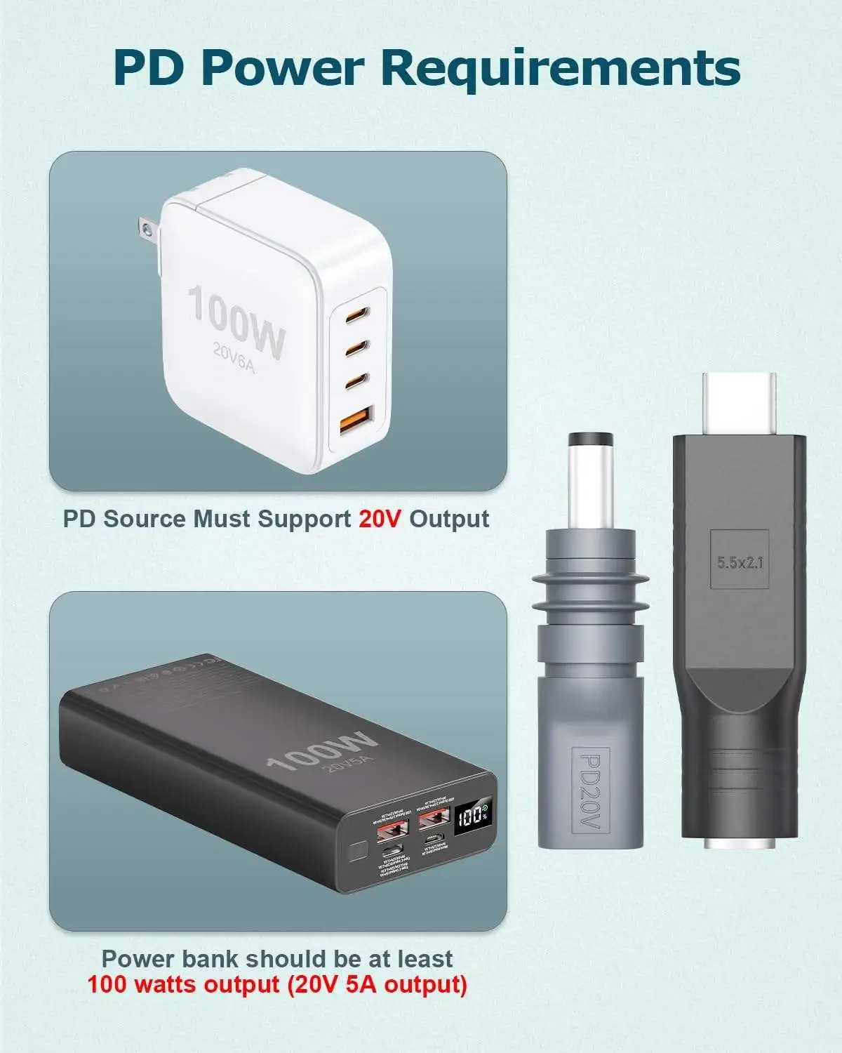 20V 100W PD Source Power Extender Type C to DC 5.5 X 2.1mm Converter Adapter for Starlink Mini USB C Male to DC Female Connector