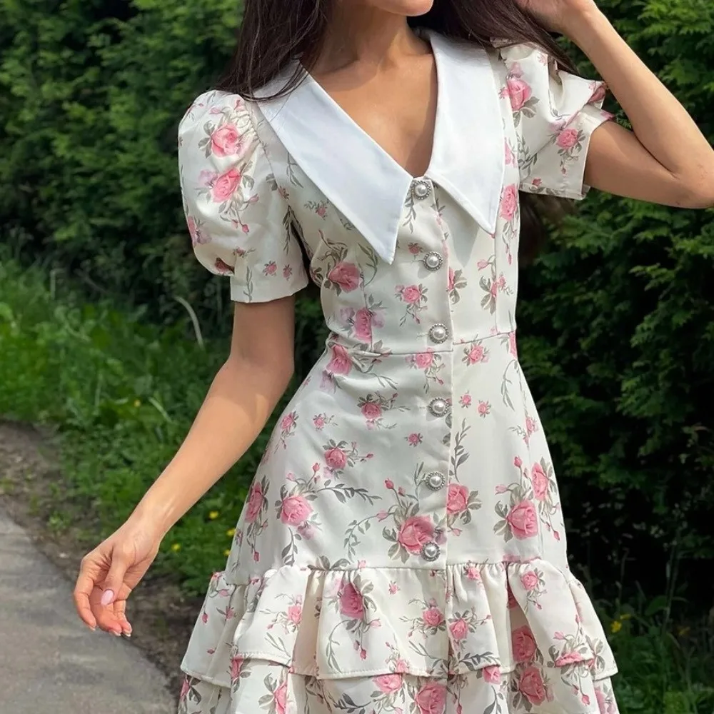 

Lovely V-neck Girls Floral Dress Lapel Ruffle Edge Children Princess Dress Teenagers Short Sleeve Flower A-line Dress Beach