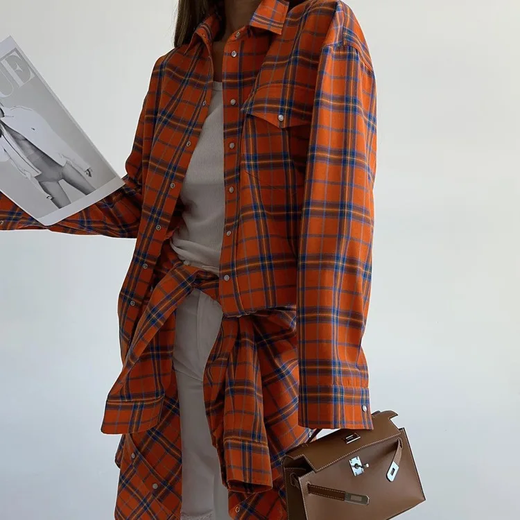 Autumn 2024 American Academy Style Orange Plaid Women\'s Loose Pocket Lapel Long Sleeve Shirt