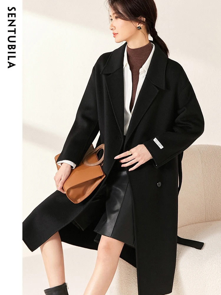 SENTUBILA Double Breasted 100% Wool Coat for Women 2024 Winter Elegant Thick Double Faced Woolen Belted Long Overcoat W24O42056