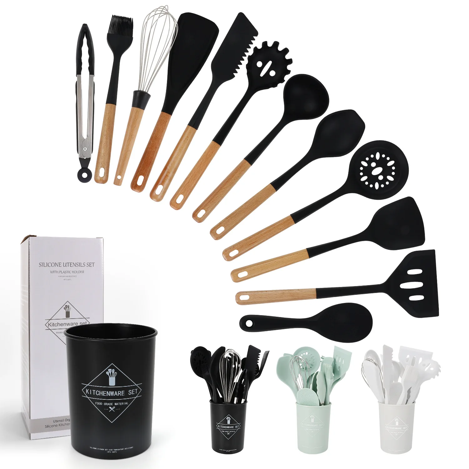 New Black 1Pcs Silicone Cooking Utensil Set Wooden Handle Spatula Soup Spoon Oil Brush Colander Non-stick Cookware Kitchen Tools