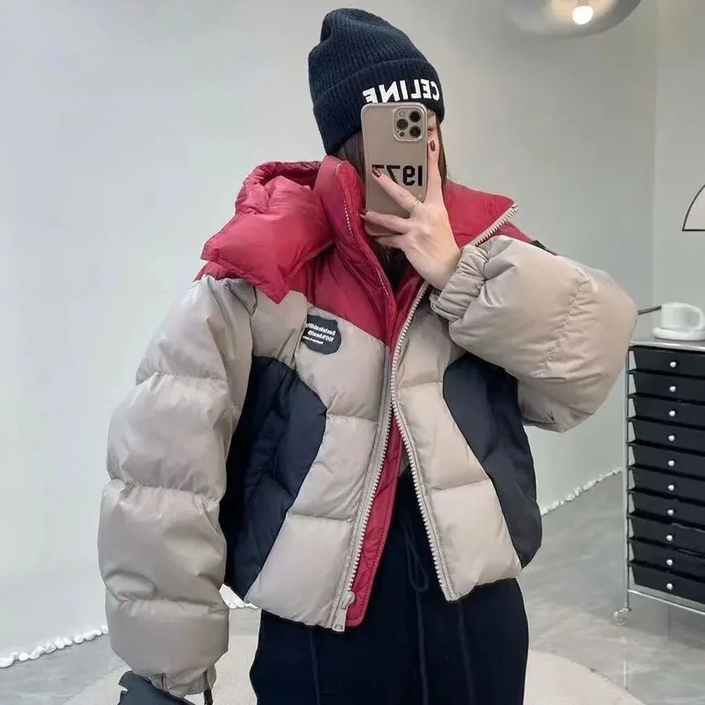 Winter korte capuchon dames streetwear patchwork cropped donsjack Koreaans katoen gewatteerd dons dikker thermische parka dame