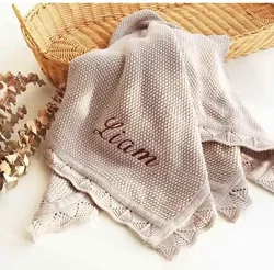 Personalized Name Reversible Crocheted Baby Knit Blanket Breathable Vintage Swaddle Holding Cotton Knitted Baby Blanket Custom