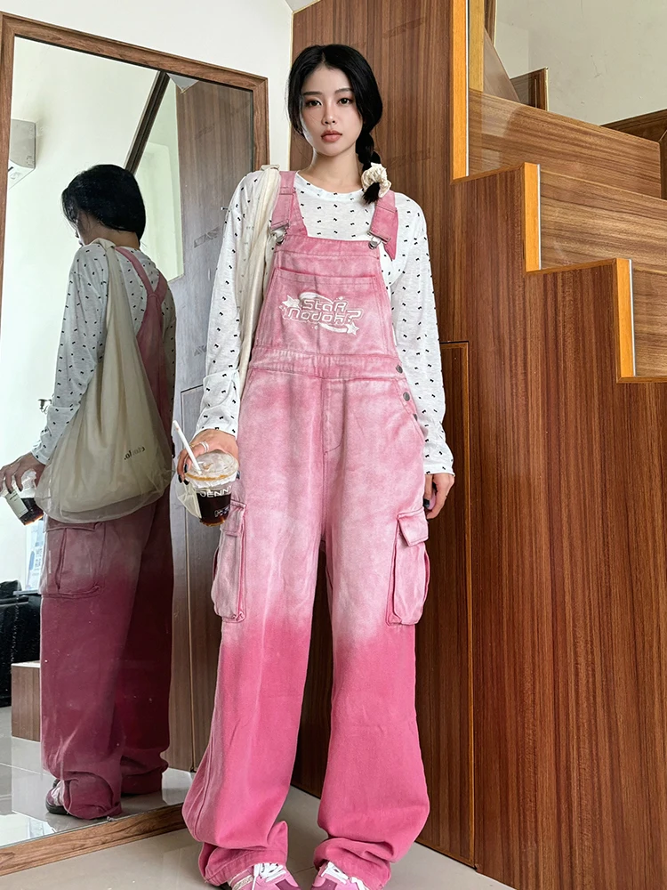 

DoubleD Letter Embroidery adient Denim Overalls Women's Dopane Sweet School Cargo Pants Trendy High Waist Straight Leg