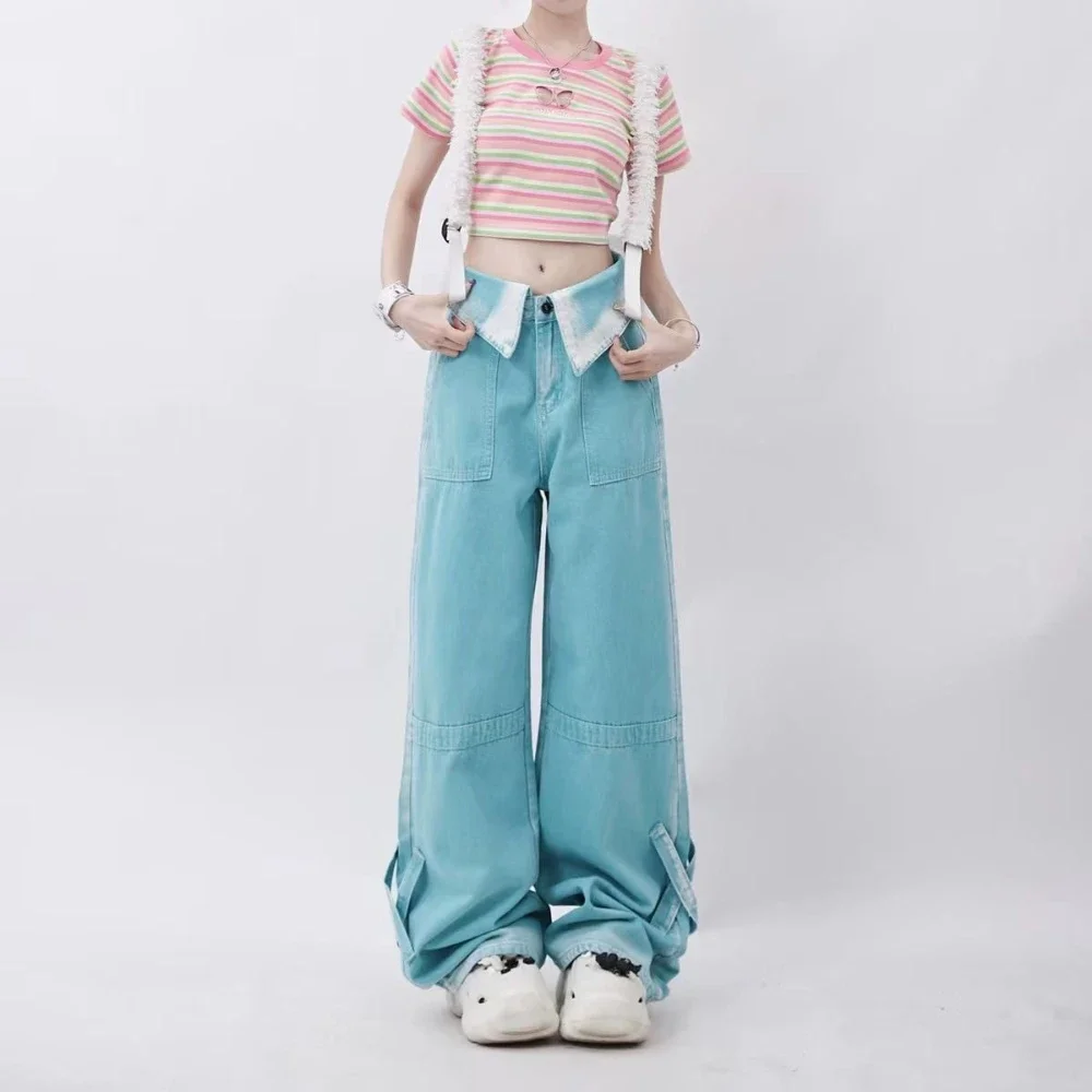 

With Pockets Trousers Straight Leg High Waist Shot Womens Jeans Blue Pants for Women 2024 Fashion Cowboy Medium Wash Korean Emo