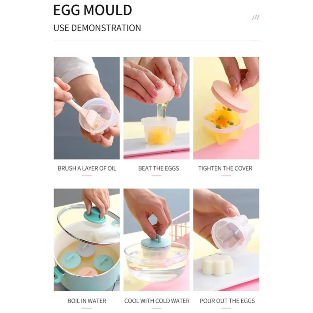 4PCS Heart Round Flower Egg Poacher Cup Five-Pointed Star PP Boiled Egg Maker Oil Brush Nonstick Poached Egg Cooker