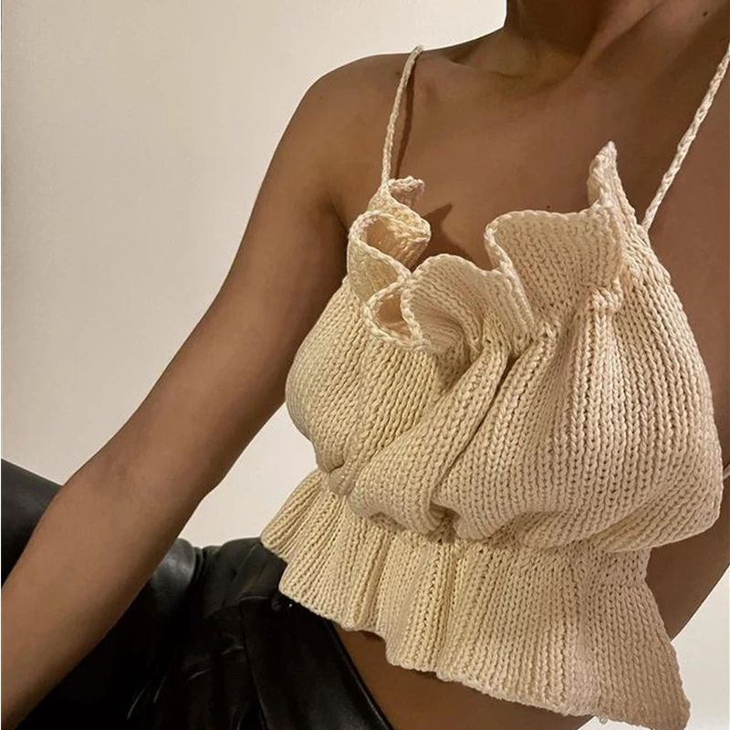 

White Knitted Corset Crop Top Y2k Women Sexy Backless Short Tank Crochet Tops Summer New Off Shoulder Ruffled Camis Tees Bandage