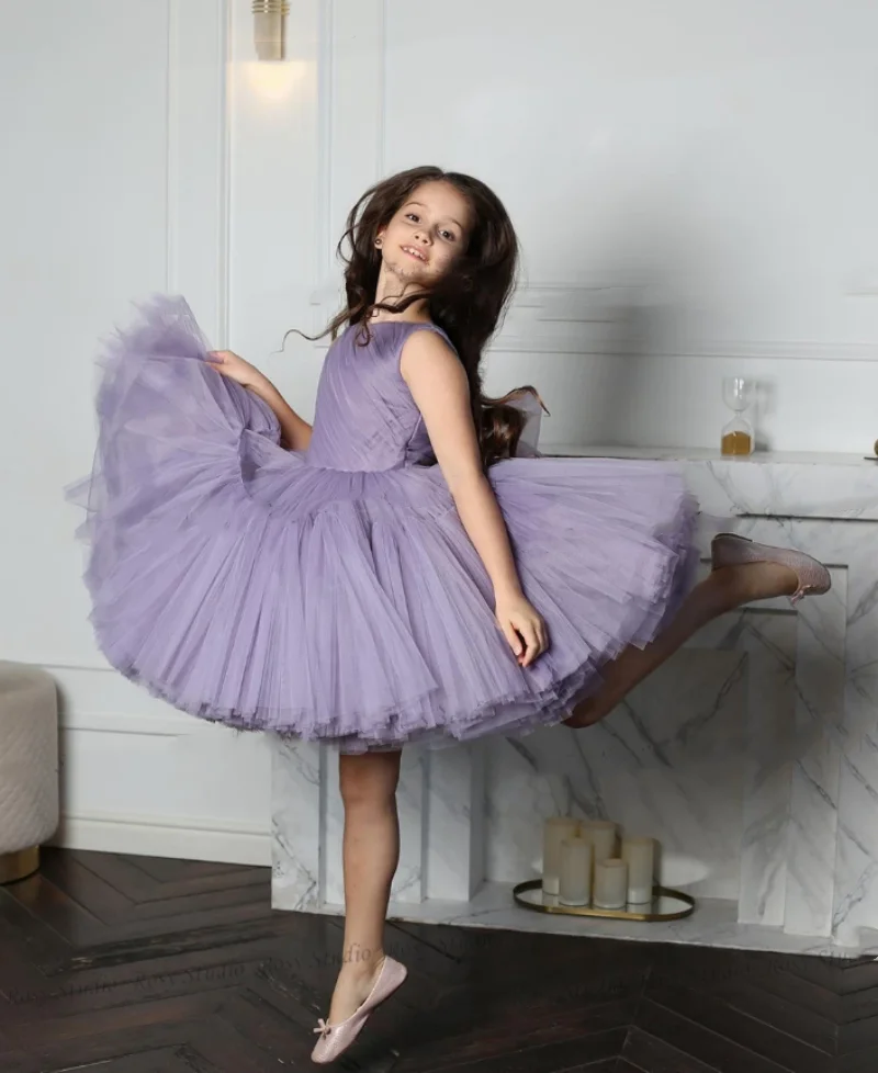 Lavender Princess Flower Girl Dresses for Wedding Tulle Knee Length Elegant Kids Birthday Party First Holy Communion Gown