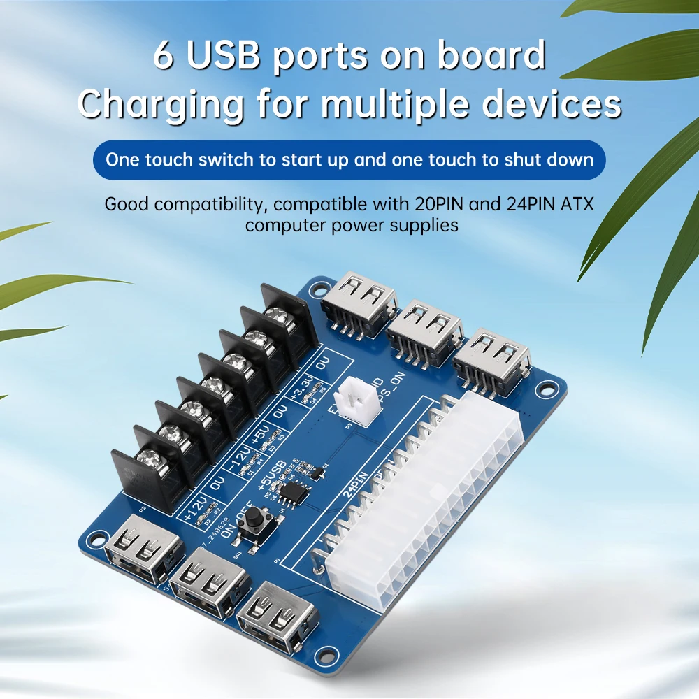 20/24pin ATX Power Supply Breakout Board 5V/2A USB Charging Desktop Chassis Power Supply Adapter Board Support 12V 5V 3.3V