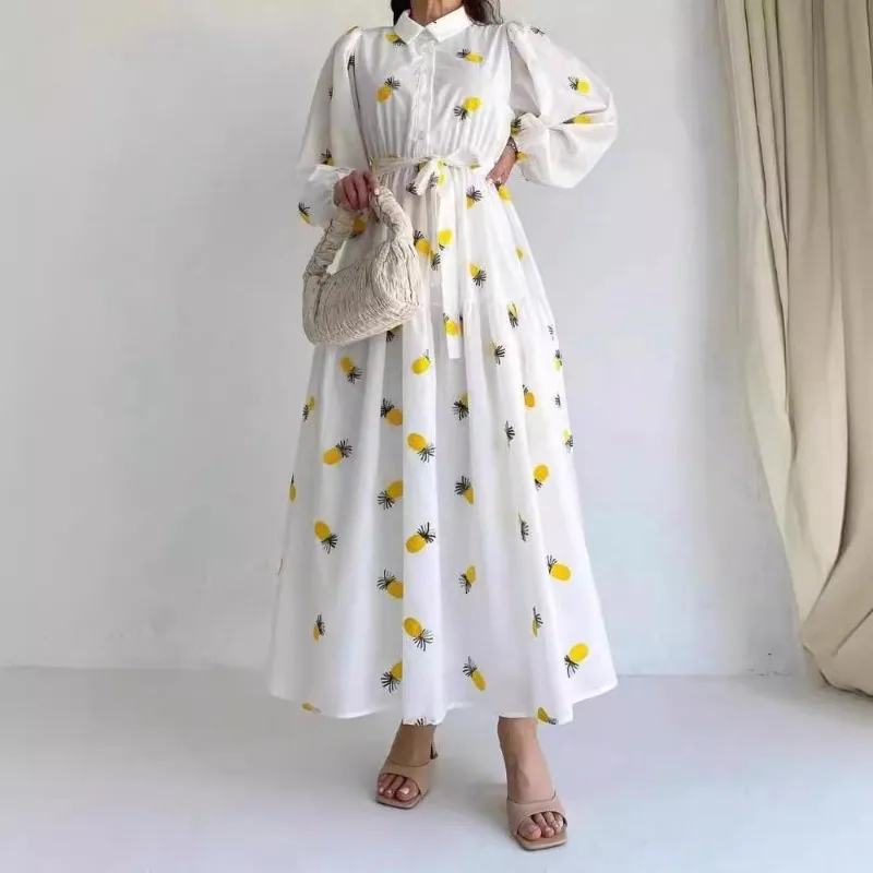 Women 2025 Spring Lapel Fruit Printing Dress Lantern Sleeves Waist-Cinched Ruffle Hem Long Dress Elegant Feminine Style