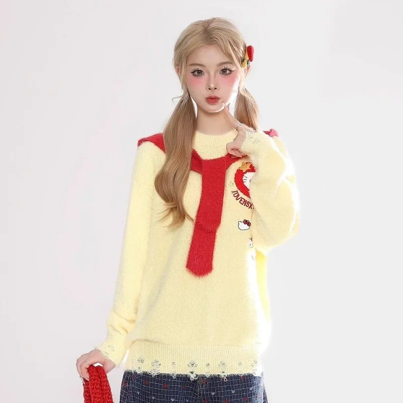 Sanrio Hello Kitty Maglione lavorato a maglia da donna Sciarpa/Scialle Pullover in pile di visone Y2k Stile college coreano Donna Dolce con cappuccio Top