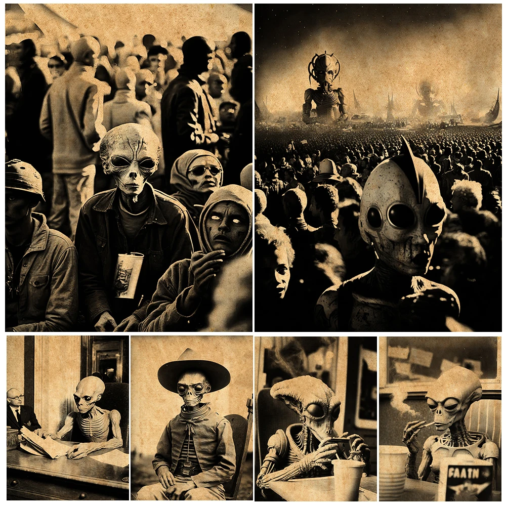 Creepy Old Photo Wall Art Canvas Painting, Weird Strange Alien Photo Art Print, Surreal Fantasy Photography Poster Print Decor