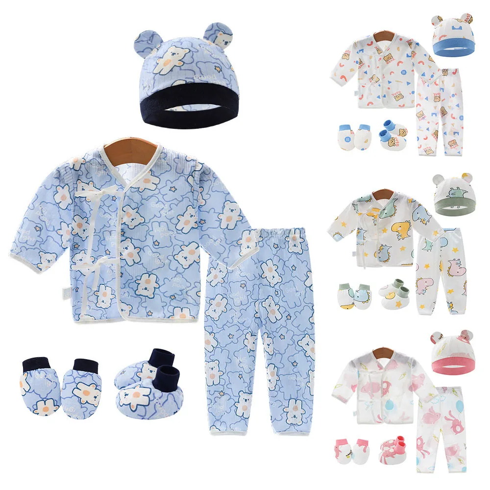 5Pcs Newborn Infant Kids Baby Boy&Girl T-shirt Tops+Pants+Hat+shoes Outfits Cotton Casual Autumn Toddler Clothes Set 0-6 Months