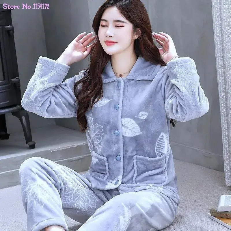 겨울 따뜻한 플란넬 여성 잠옷 세트, 두꺼운 산호 벨벳, 긴 소매 잠옷 세트, 레저 잠옷