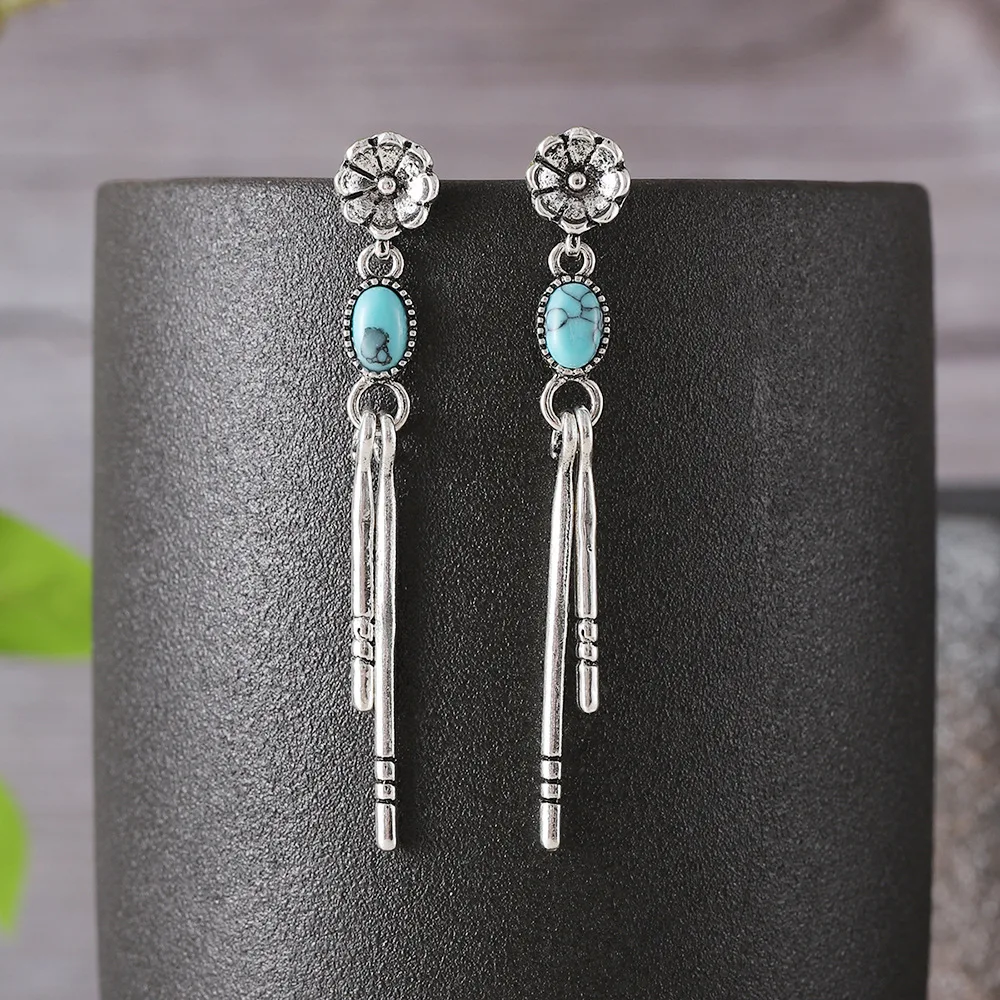 diy-accessories-european-and-american-cross-border-fashion-simple-geometric-turquoise-fringed-earrings-retro-flower-oval-ancien