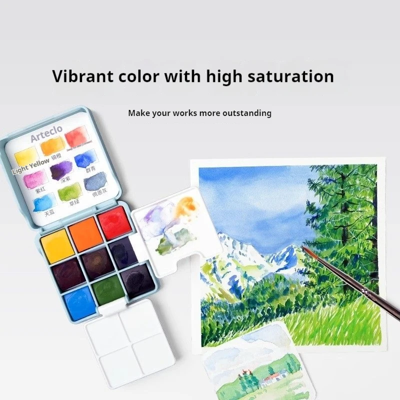 Montmartre Mini Small Square Box Travel Solid Watercolor Paint Set Take-Along Painting Art Tool Set 9-Gate Comes with Palette