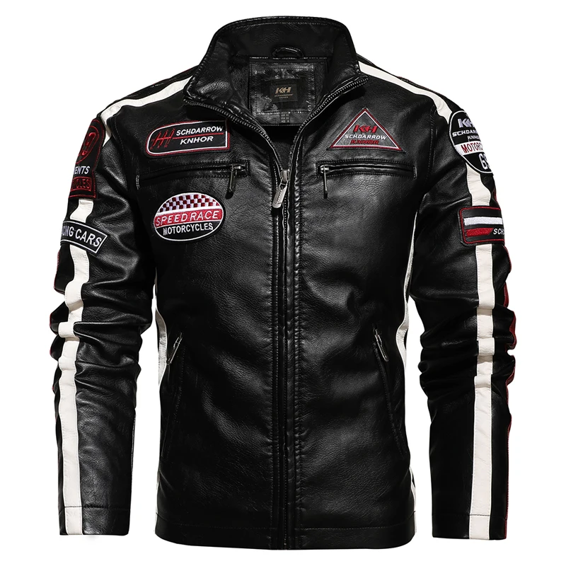 Chaqueta de motocicleta Vintage para hombre, abrigo de cuero de motorista, abrigo de bombardero bordado, abrigo de lana de Pu, moda de invierno, nuevo, 2023