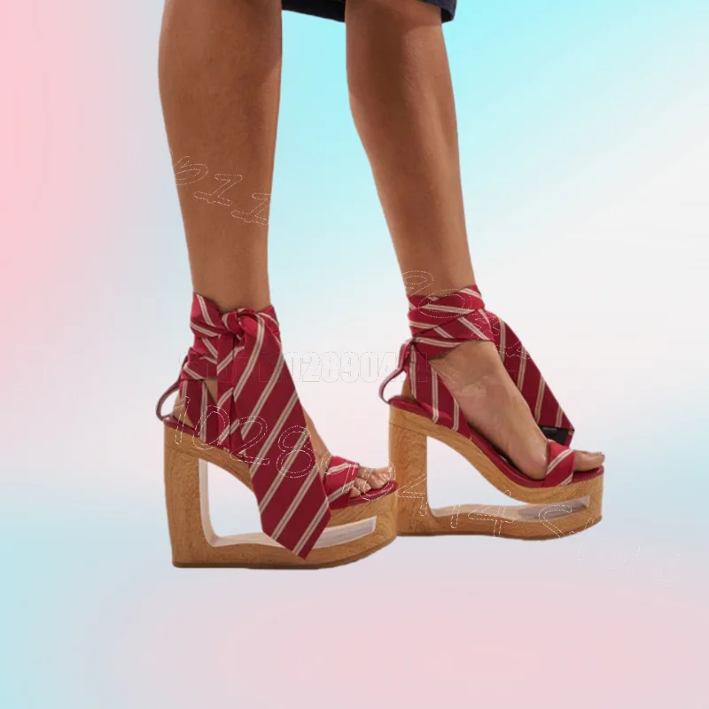 

Red Silk Stripe Wooden Strange Style Heels Sandals Lace Up Women Shoes Open Toe Fashion Party Banquet 2026 Zapatos Para Mujere