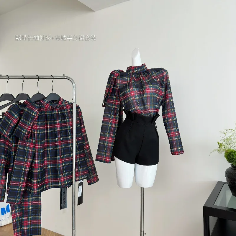 

Women's Designer Plaid Shirt 2026 Spring Summer Shoulder Pads Tie Front Long Sleeve Blouse Ice Silk Viscose Tops Loose Fit