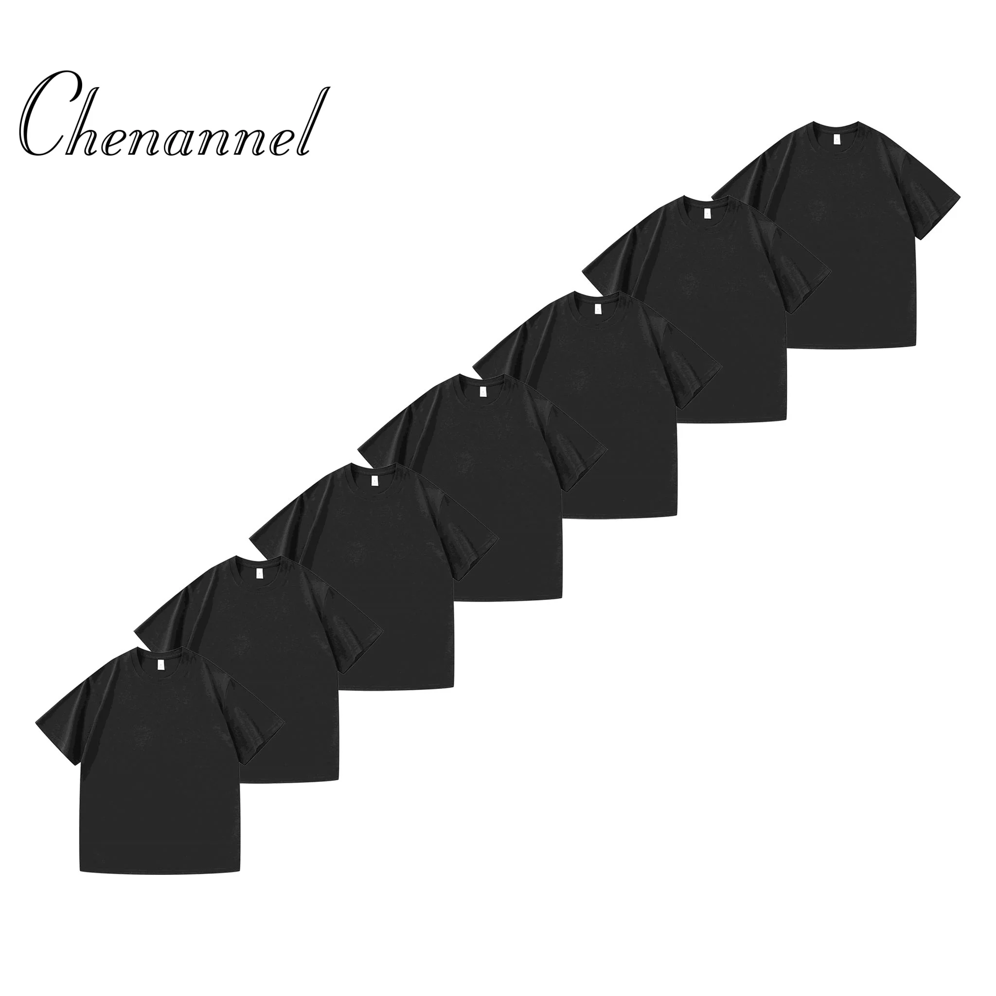 طقم مكون من سبع قطع 180 جرام من القطن الخالص الثقيل بأكمام قصيرة تي شيرت للرجال صيفي فضفاض أبيض بلون سادة #1