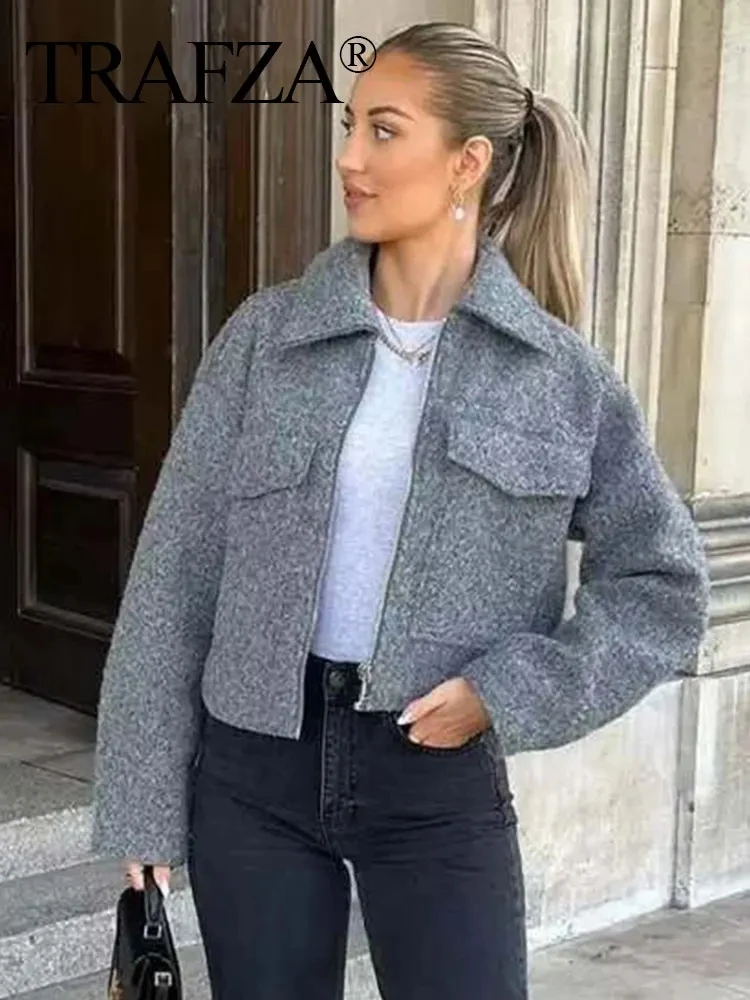 TRAFZA Women Elegant Solid Coat With Front Flap Pocket Zipper Long Sleeve Bomber Jacket 2024 Autumn Winter Casual Y2K Outerwear