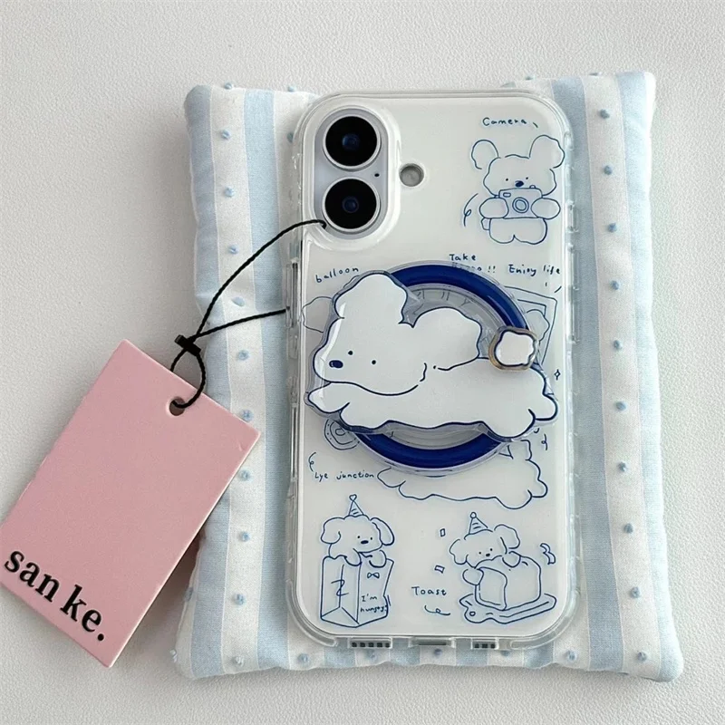 حافظة هاتف كلب صغير بخط أزرق مغناطيسي مع قلادة كلب صغير وحامل مغناطيسي لهاتف iPhone11 12 13 14 15 16 17 Pro Max