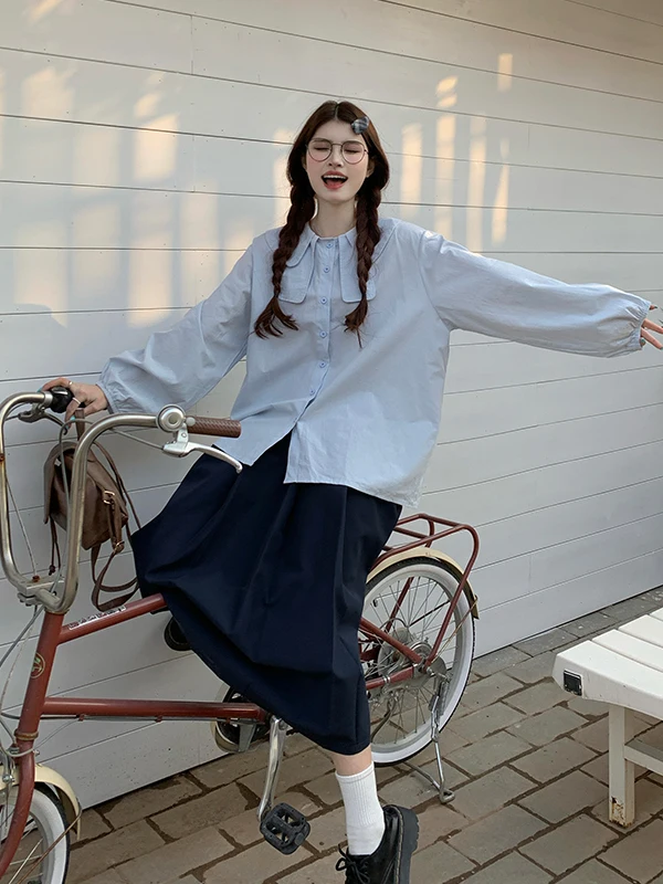 

plus Size Sweet Doll Collar Long Sleeve Shirt High Waist Skirt Two Piece Set Korean Style Loose Fit Spring Fashion Ensemble