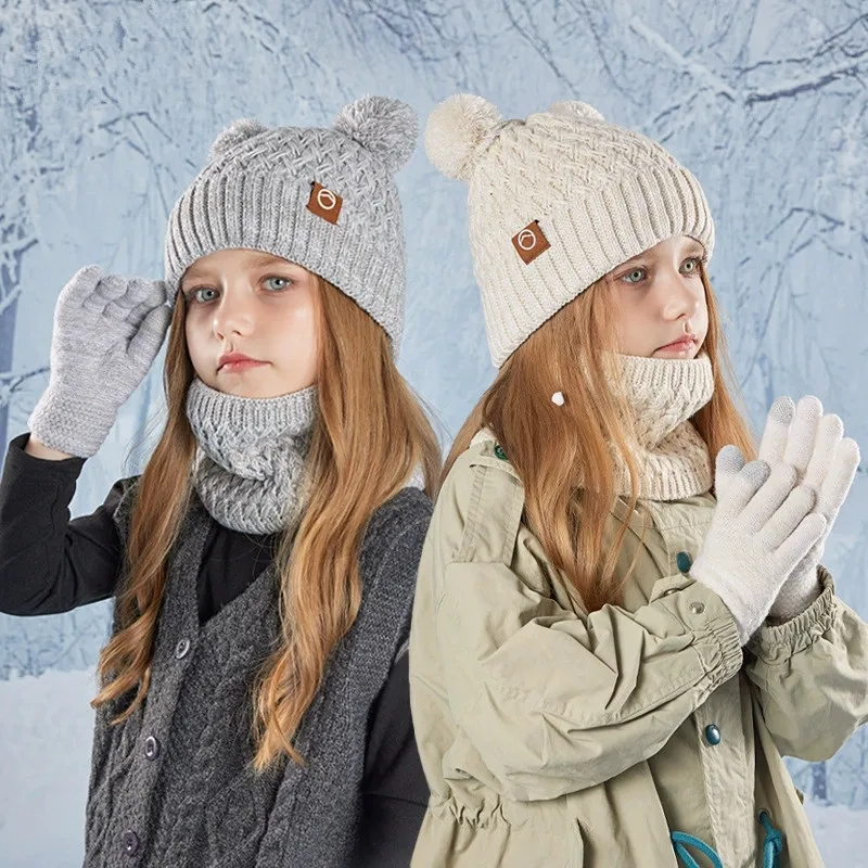Cute Autumn Winter Children Hat Scarf Gloves 3pcs Sets Outdoor Windproof Fleece Warm Knit Ring Muffler Hats Beanie for Boy Girl