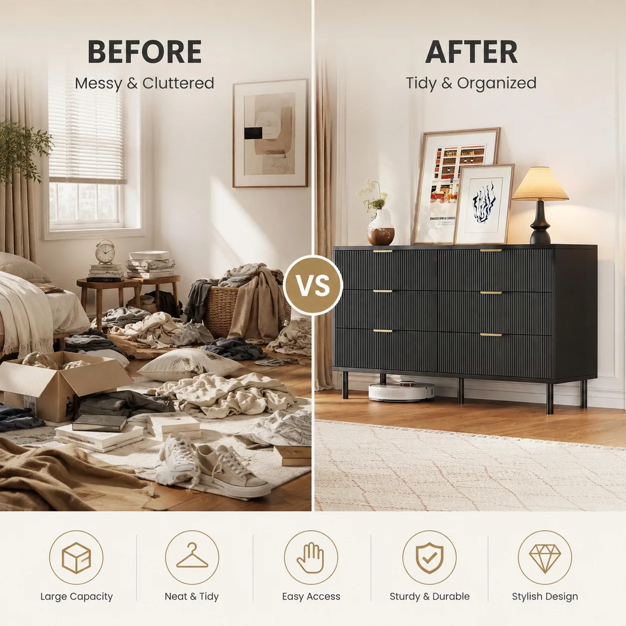6 Drawer Storage Chest with Fluted Front Design, Wide Wood Dresser Cabinet with Metal Base for Home Organization image 2