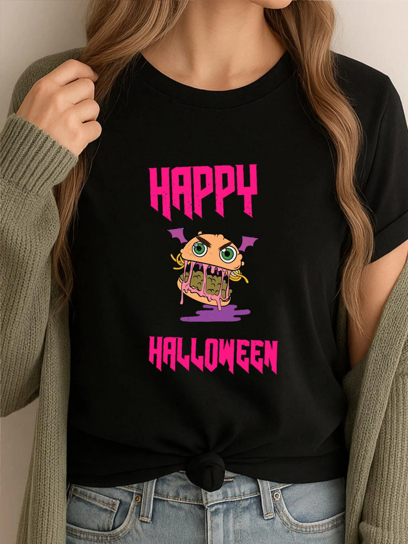 

Female Tops Pink Creepy Vampire Bat Burger Black Graphic T Shirts Women Camisas De Hombre Printing Clothes