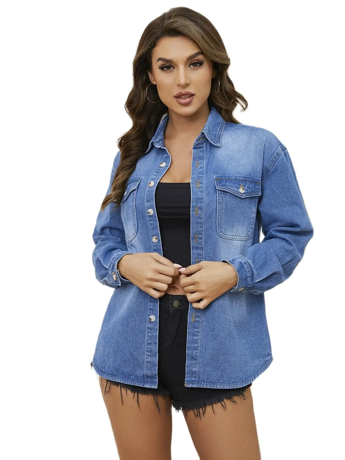 2024 Spring New Women\'s Long Sleeve Denim Shirt Fashion Curved Mid-Length Jeans Coat Casual Ladies Clothing S-XL