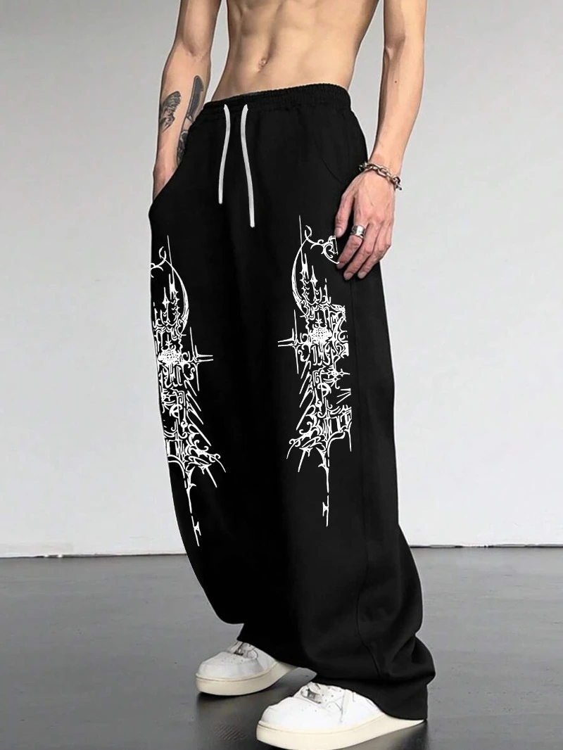

Мужские брюки большого размера в готическом стиле — черно-белые широкие колготки с повседневными брюками с готическим узлом для всесезонной одежды