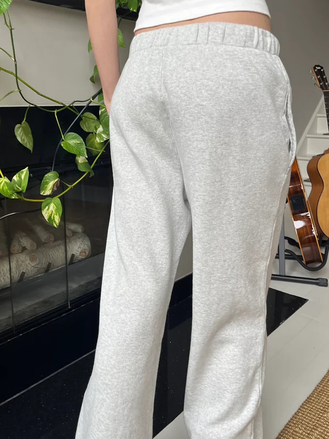 Vintage Gray Waffle Sport Pants Women Autumn Drawstring Elastic High Waist Straight Trousers Casual Harajuku Cotton Loose Pants