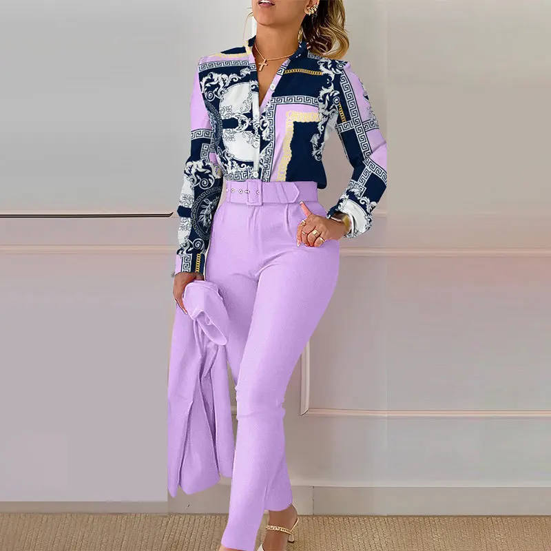 Print Button long Sleeve Two Piece Set Women V-neck Shirt And Pants Elegant Suits 2023 Fashion Women Slim Office Blouses Sets