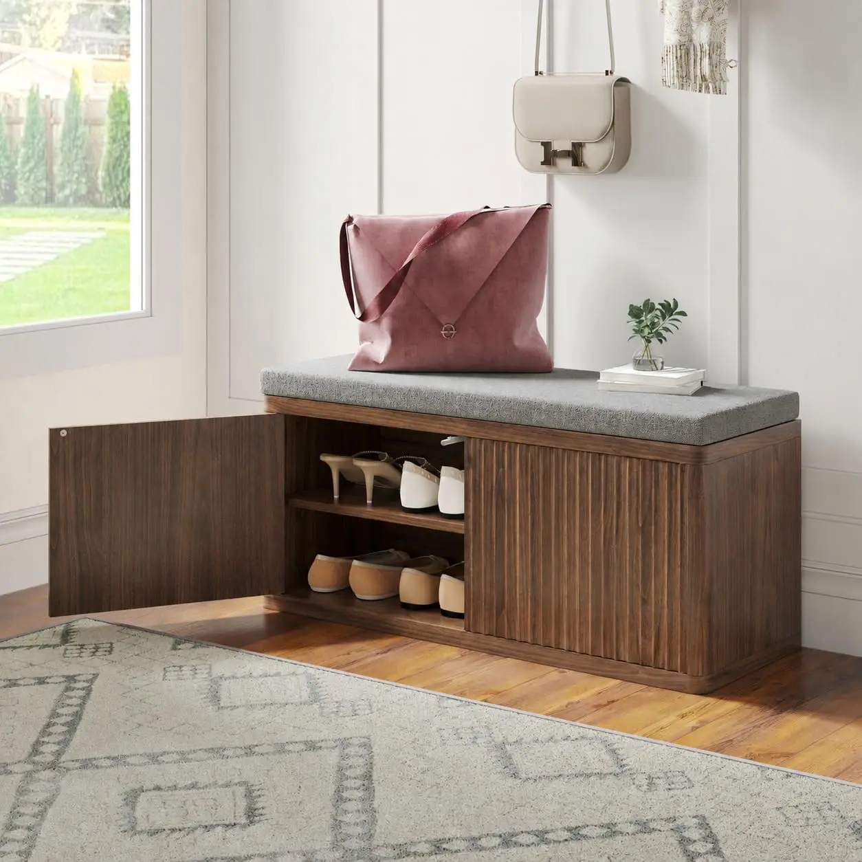 Wooden Shoe Cabinet Bench with Soft Cushion,Double Layer Shoe Rack for Entryway Bedroom Living Room, Walnut, Customized
