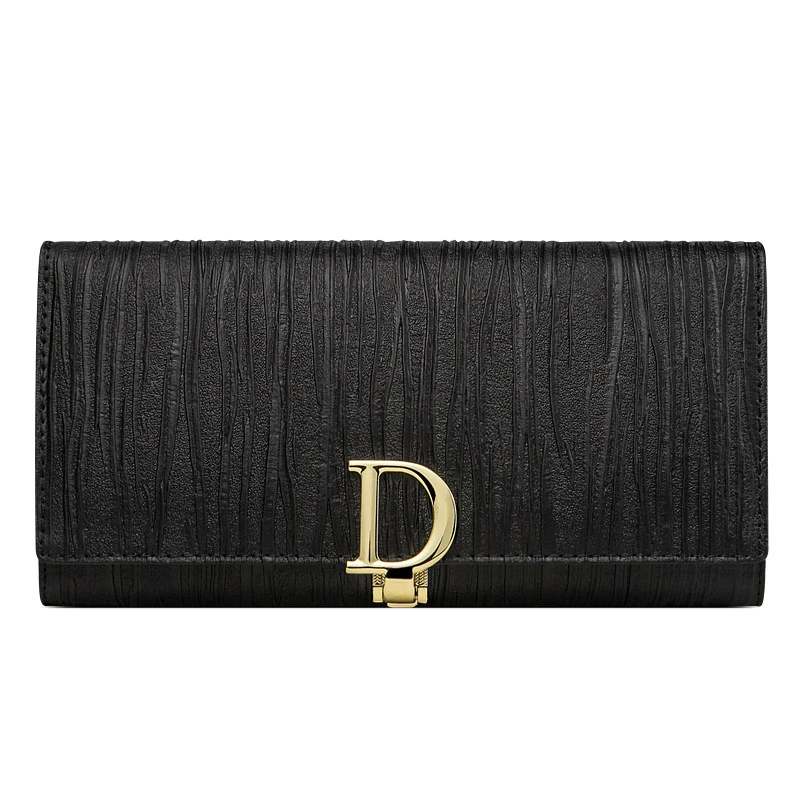 Women Long Wallet 2025 New Genuine Shiny Leather Striped Bifold Cowhide Money Clutch Long Female Mobile Phone Holder Zipper