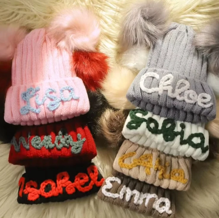 

Personalized Baby Winter Beanie Hats, Custom Name Embroidered Pompom Beanie Infants Toddlers Girls Boys Birthdays Gift Newborn