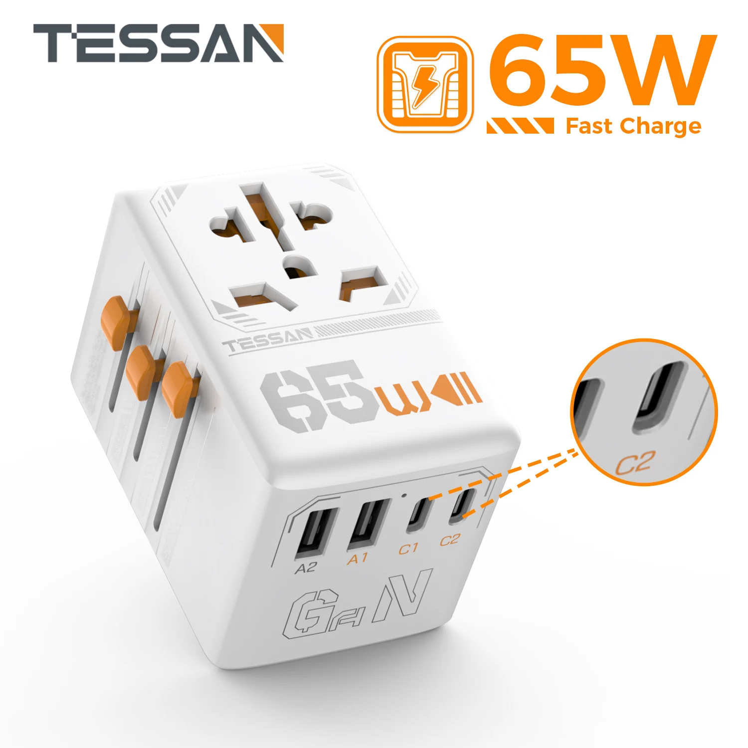 

TESSAN 35W/65W GaN Universal Travel Adapter with USB Type C Fast Charging Worldwide Travel Adapter EU/UK/USA/AUS Plug for Travel