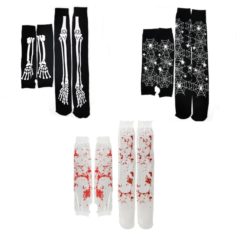 2 Pairs Skeleton Spiders Web Bloody Sleeve Socks Set Thigh High Socks Stockings Halloween Product Props for Women Girls