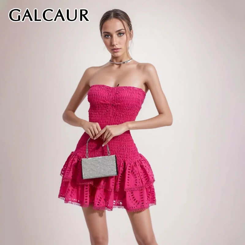 

GALCAUR Solid Embroidery Mini Dresses For Women Strapless Sleeveless Off Shoulder Backless Spliced Ruffles Slimming Dress Female