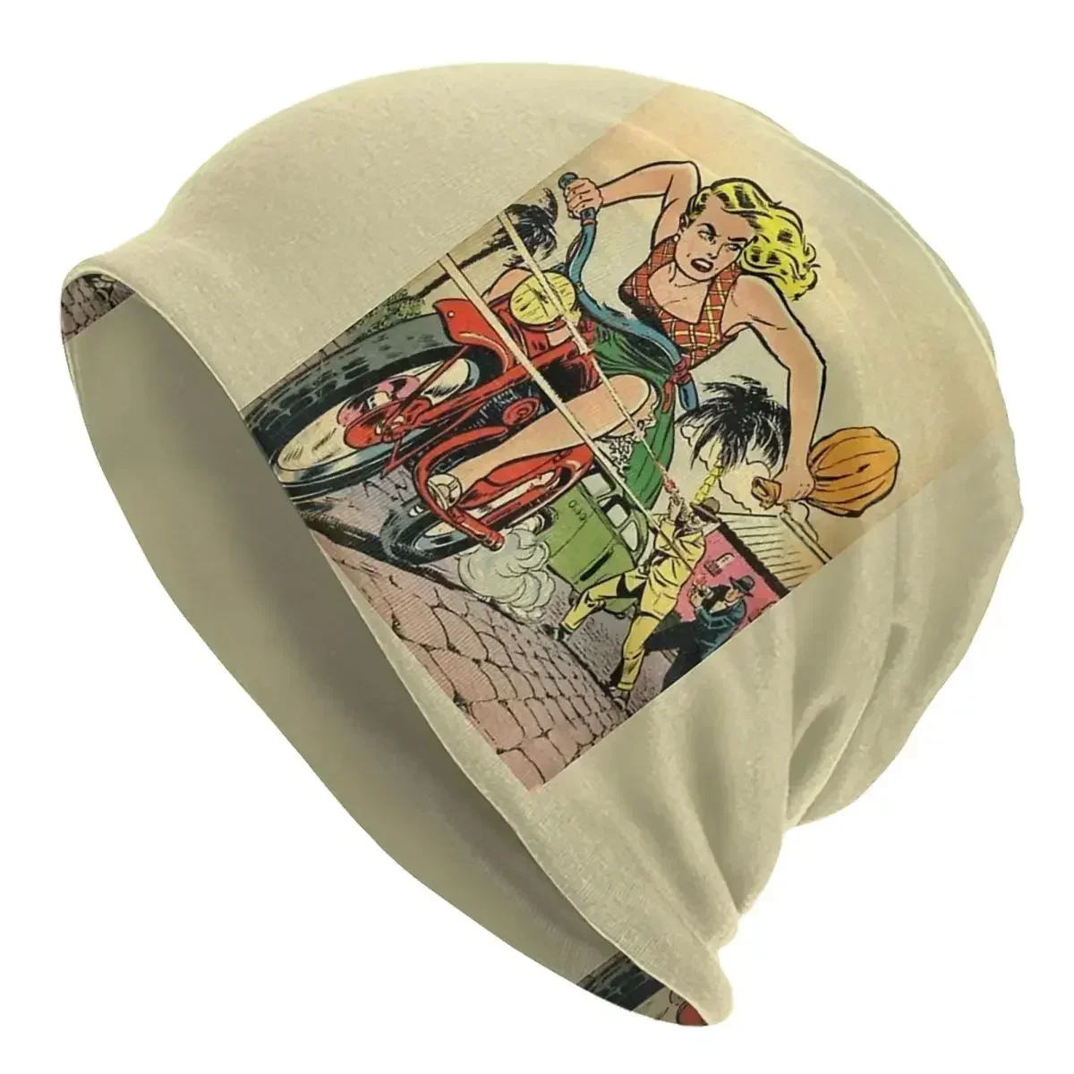 Vintage Comic Illustration - Woman On Motorbike Warm Knitted Cap Hip Hop Bonnet Hat Outdoor Beanies Hats for Men Women Adult