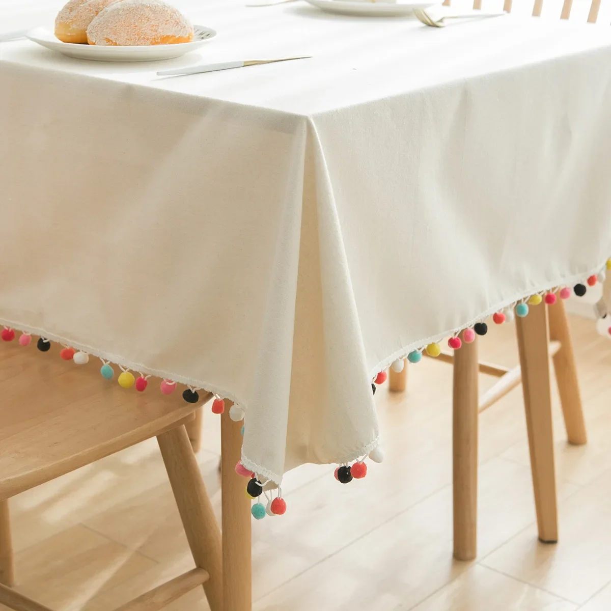 

Cotton Linen Solid with Colorful Hair Balls Rectangular Table Cloth Kitchen Table Map Towel Tablecloth Table Wedding Decor