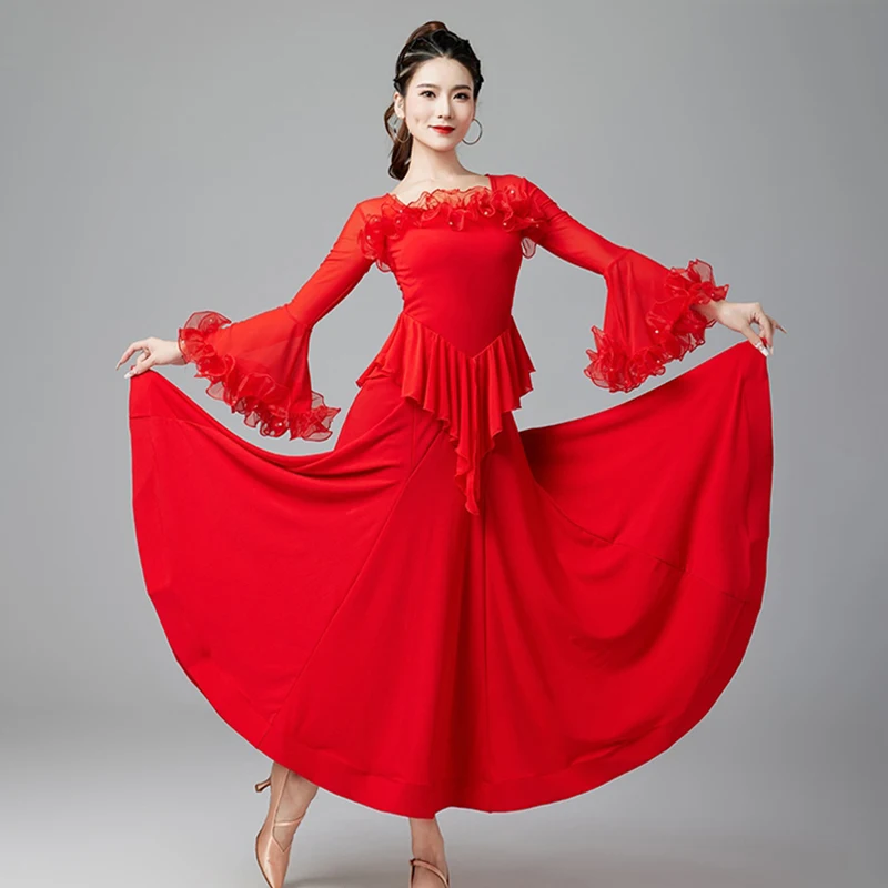

Red Standard Ballroom Dance Dress Long Sleeve Dresses Women Waltz Competition Outfit Ball Gowns Modern Dancing Stage Wear 3308